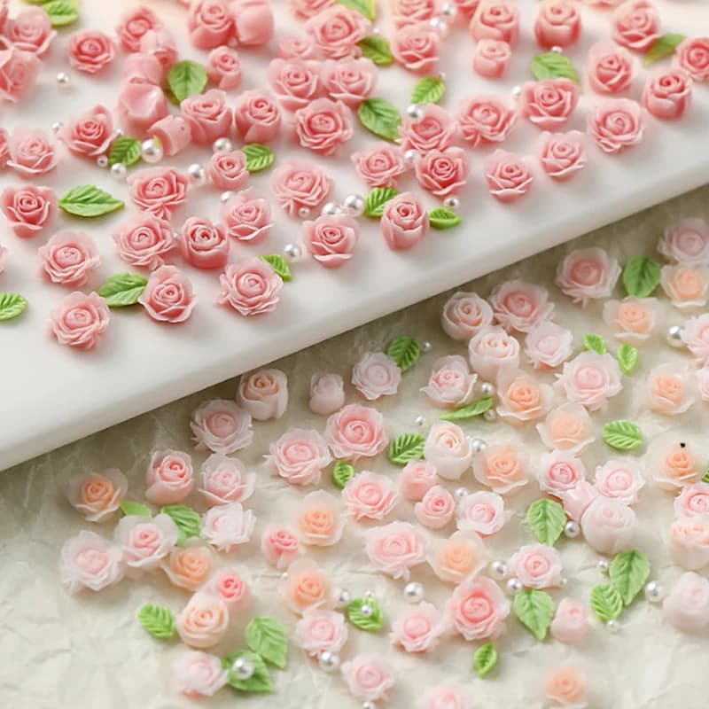 50Pcs 3D Size 6/7/8mm Pearl Resin Flower Rose Nail Charms Accessories Pink Rose Red Nail Art Luxury Decoratons Supplies DIY - 3