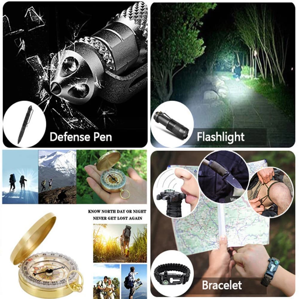 مجموعة إسعافات أولية للبقاء 38 في 1، مجموعة عسكرية كاملة، معدات خارجية، مجموعات طوارئ، حقيبة صدمات للتخييم والمشي والمغامرات - 3