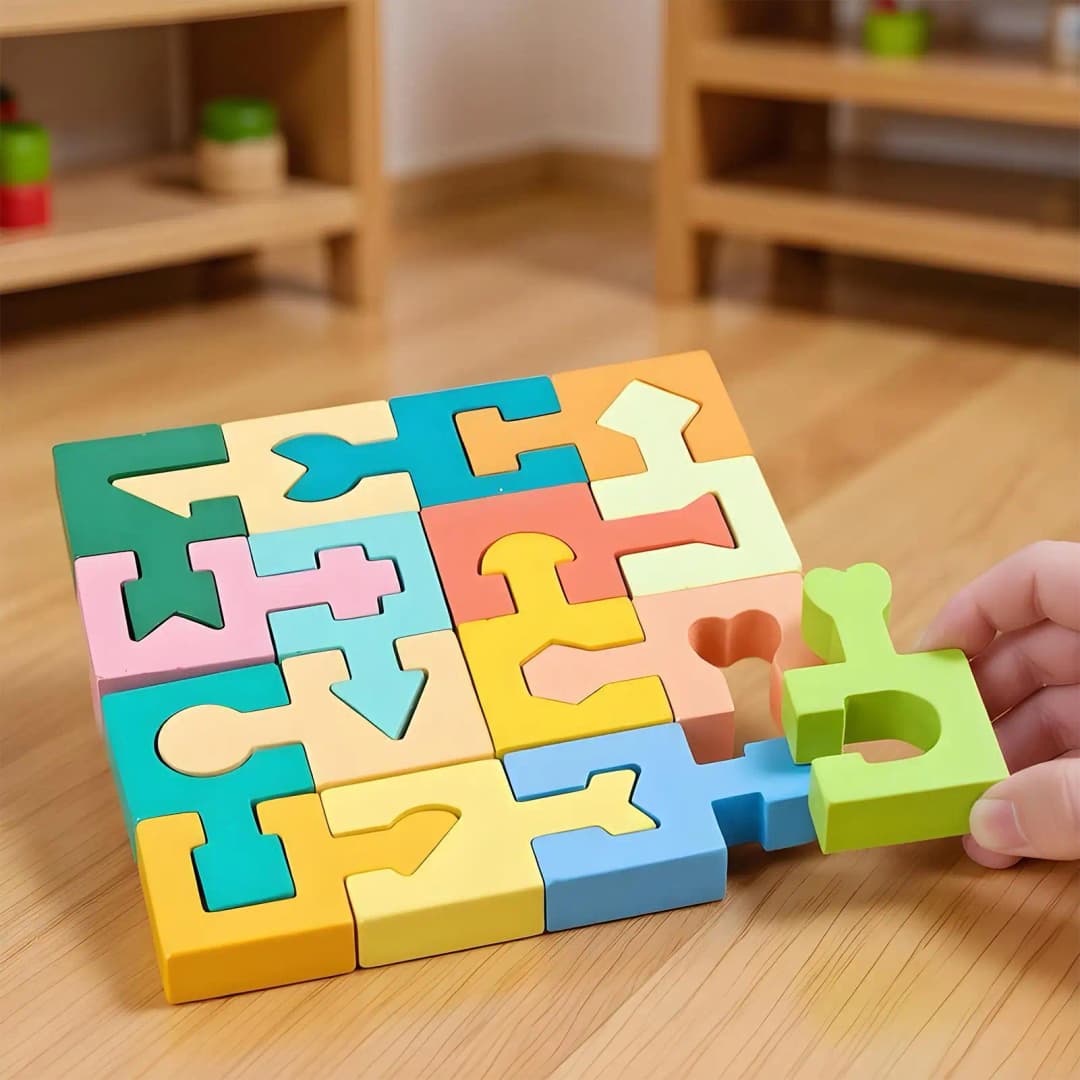 Wooden Puzzles Geometric Shape Matching Toy 16 Pcs Jigsaw Puzzle for Kids Boys Girls Learning Home School Kindergarten Education