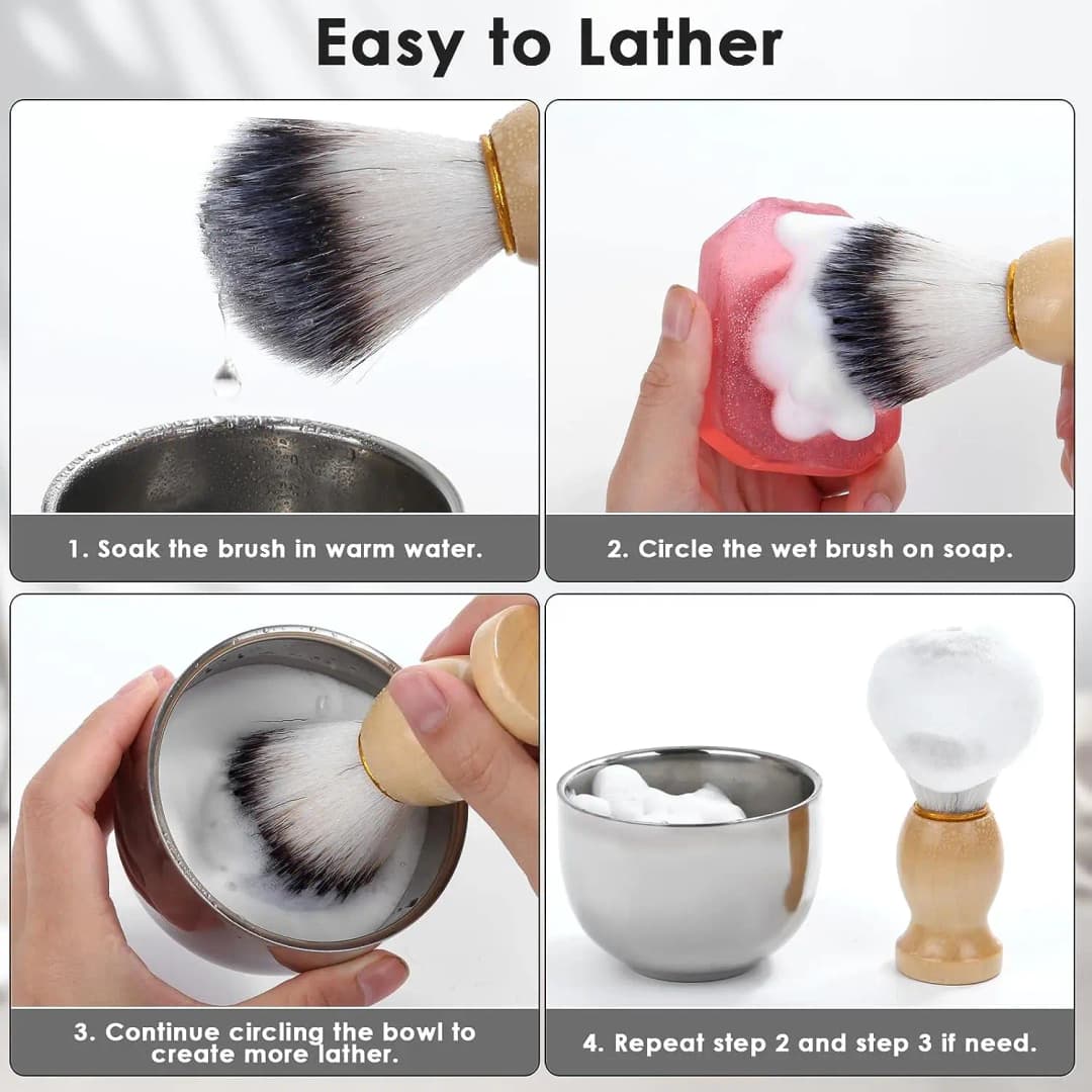 Mens Shaving Brush and Bowl Set, 3-in-1 Shaving Brush Kit Wood Handle with Stainless Steel Shaving Bowl & Brush Standas - 4