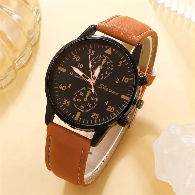 New Men Watch Luxury Bracelet Set Fashion Business Brown Leather Quartz Wrist Watches for Men Gift Set Relogio Masculino - 4