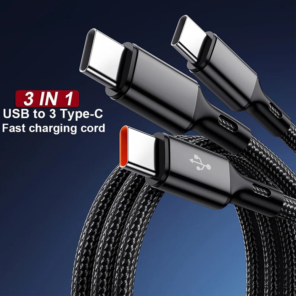 كابل 3 في 1، USB-Type C، 100 واط، شحن سريع، كابل بيانات USB A-3Type-C لسامسونج S24 وشاومي وهواوي وأندرويد، سلك نقل بيانات USB C - 3