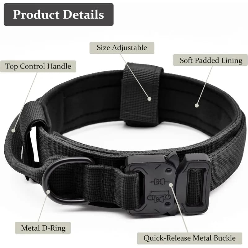 Tactical Dog Collar Adjustable Military Training Nylon Dog Collar with Control Handle Heavy Quick-Release Metal Buckle for Dogs - 5
