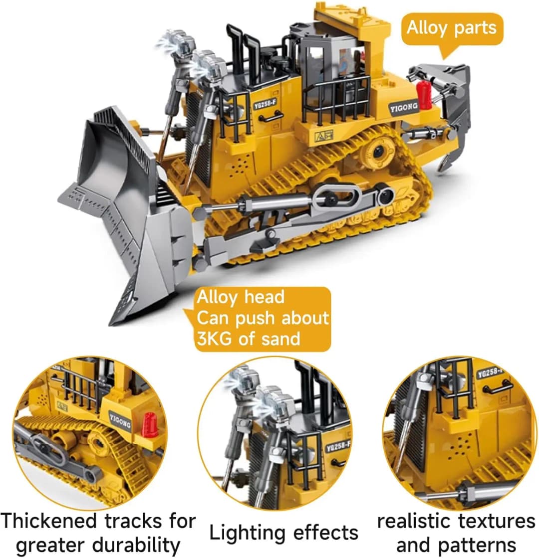 لعبة حفارة وجرافة تحكم عن بعد للأطفال 2.4Ghz، شاحنة مركبة بناء RC مع غطاء معدني وإضاءة وصوت - 3