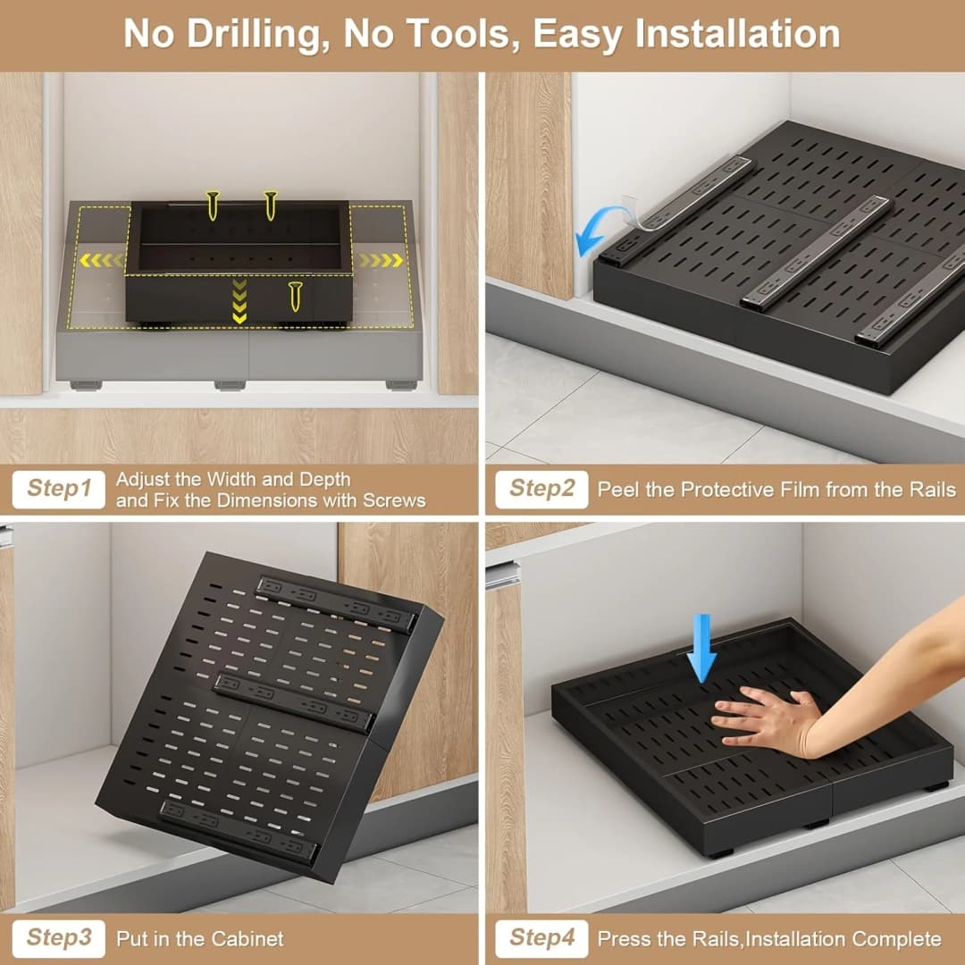 Pull Out Tray Organizer Kitchen Storage Rack Cabinet Expandable Under Sink Spice Boxes Silent Slide Drawer Style Bowl Dish Shelf - 5