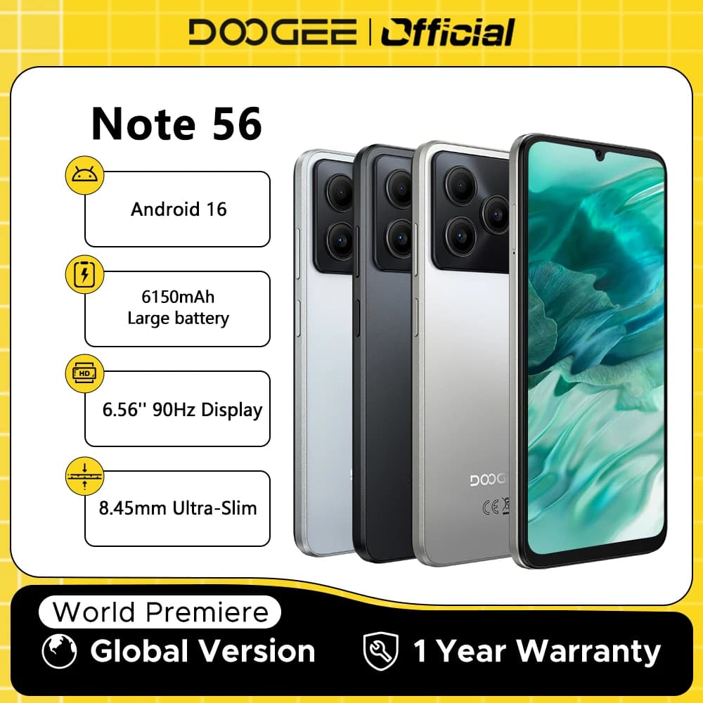Global Version DOOGEE Note 56 Smartphone Android 16 6150mAh Large Battery 6.56'' 90Hz Display 24GB 64GB Mobile Phone