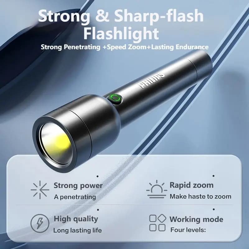 PHILIPS كشاف ساطع - مدى 1500 متر، تكبير سريع، شحن Type-C، بطارية 18650، وميض قوي وحاد، متين وعالي الجودة - 4