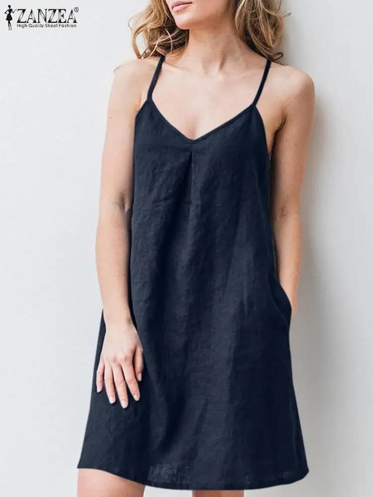2023 ZANZEA Women Summer Backless Straps Dress Solid Sleeveless V-Neck Sundress Female Casual Robe Party Beach Vestidos Oversize