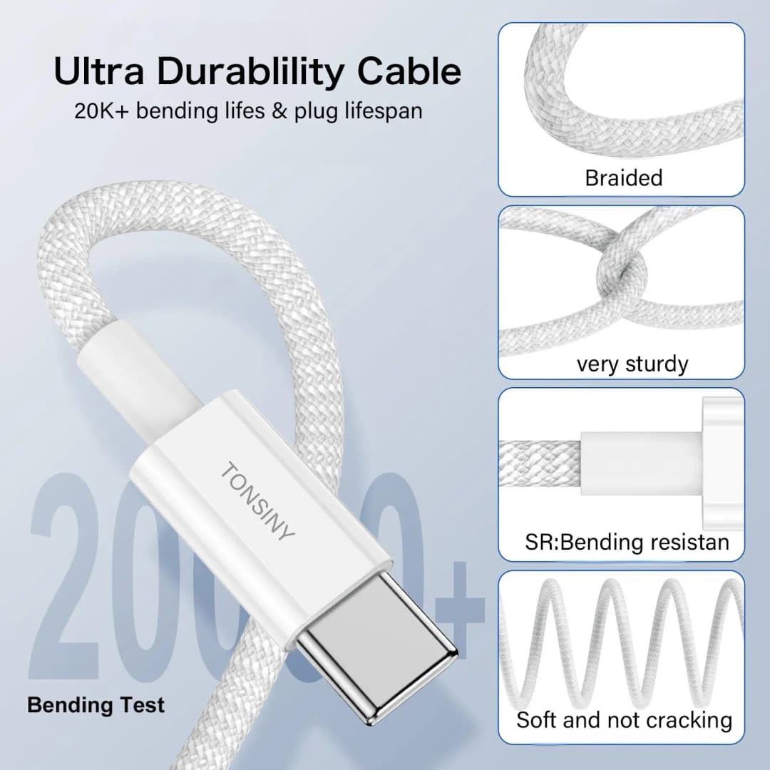 كابل USB-C أصلي لهواتف آيفون 17 و16 و15 برو ماكس، شحن سريع بقوة 60 واط لهواوي وشاومي وسامسونج، كابل منسوج من النوع C وملحقاته - 3