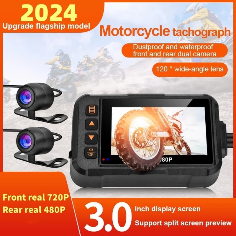 3 Inch Motorcycle Dashcam Waterproof Motorcycle Camera DVR Front 720P & Rear 480P Camera Video Loop Recorder Black Night Vision