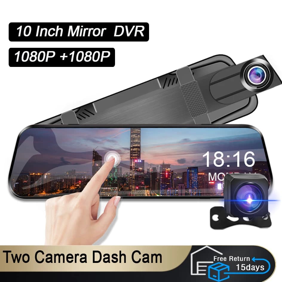 كاميرا سيارة بشاشة لمس 10 بوصة، وقوف سيارات 24 ساعة، عدسة مزدوجة، رؤية أمامية وخلفية، مسجل فيديو، صندوق أسود، أنظمة ذكية