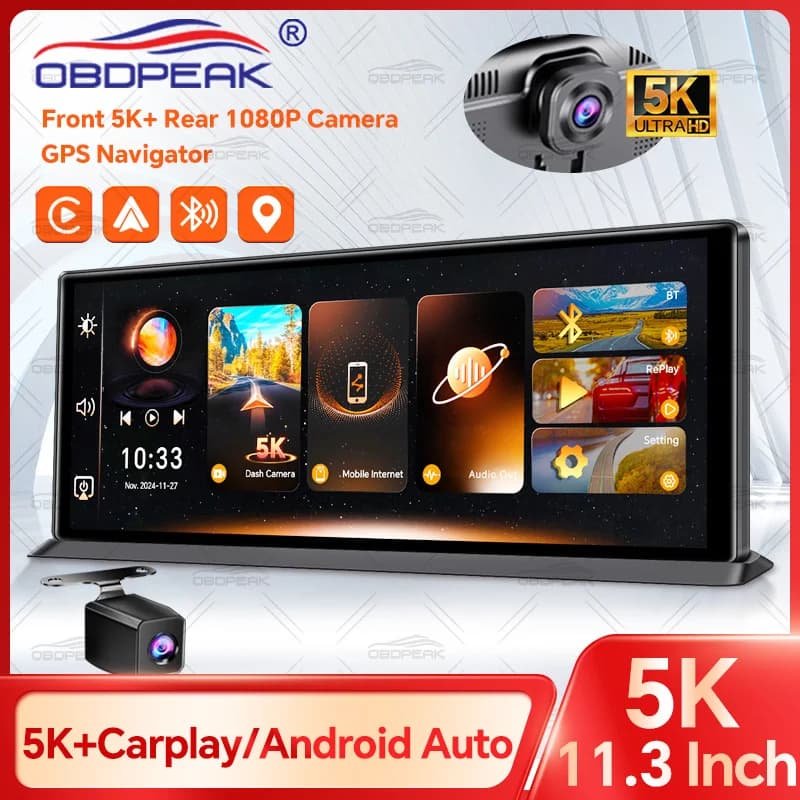 كاميرا OBDPEAK K8 Pro، أمامية 5K، خلفية 1080P، داش كام بشاشة 11.3 بوصة تعمل باللمس، Ai Carplay، أندرويد AUTO، نظام تحديد المواقع والملاحة، للرؤية الليلية DVR