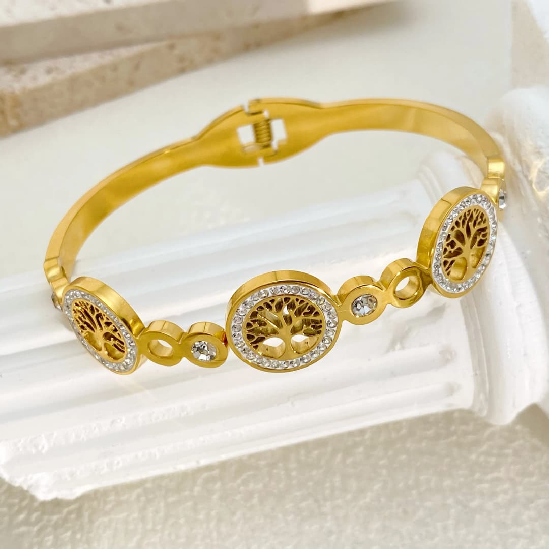 Luxury Stainless Steel Tree of Life Open Bracelet For Women Men Gold-color Cubic Zircon No Fade Color Lucky Cuff Bangle Jewelry - 5
