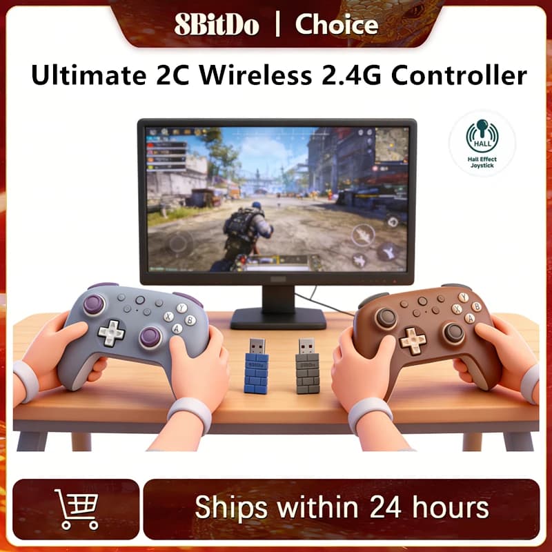 وحدة تحكم لاسلكية 8BitDo نيو ألتيميت 2C للألعاب 2.4G مع عصا تحكم بتأثير هول لبي سي ستيم ديك راسبيري باي أندرويد