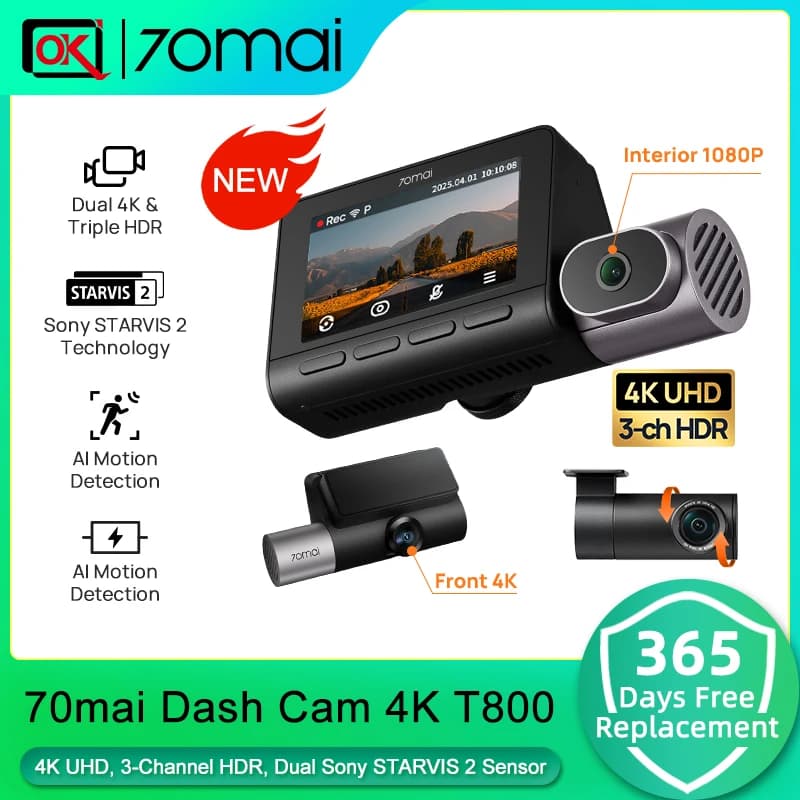 70mai كاميرا سيارة 4K T800 3 قنوات HDR سوبر كاباسيتور WiFi 6 تحكم صوتي متوافق مع 4G شاشة GPS إصدار عالمي
