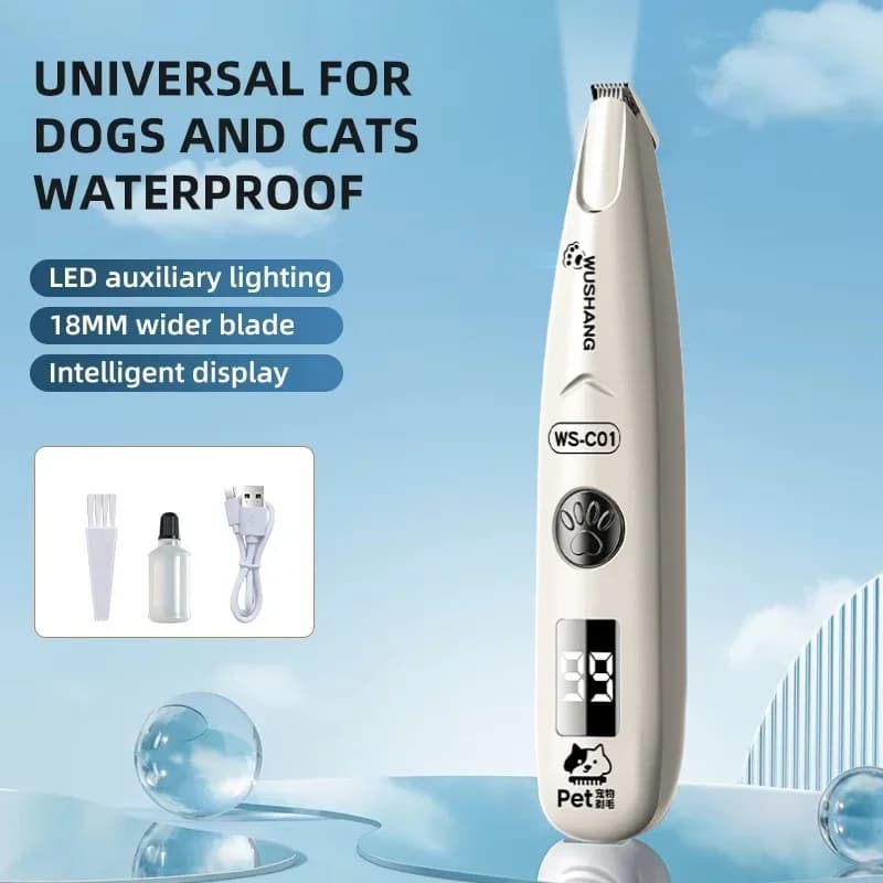 مشذب كهربائي للحيوانات الأليفة مع إضاءة LED مقاوم للماء لتشذيب شعر القدمين للحيوانات الأليفة بضوضاء منخفضة لوجه وقدم وأذن ومخالب القطط والكلاب