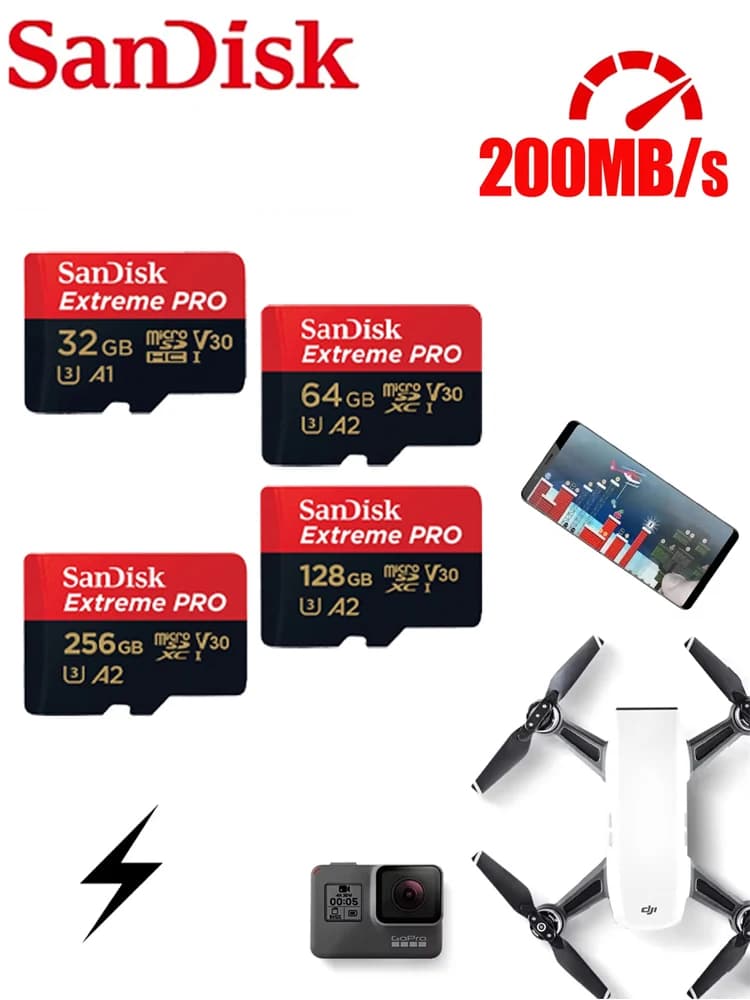 بطاقة ذاكرة SanDisk A2 MicroSD U3 V30 فئة 10 بسرعة قراءة 200 ميجابايت/ثانية بطاقة ذاكرة فلاش TF بسعات 32 جيجابايت/64 جيجابايت/128 جيجابايت/256 جيجابايت/512 جيجابايت