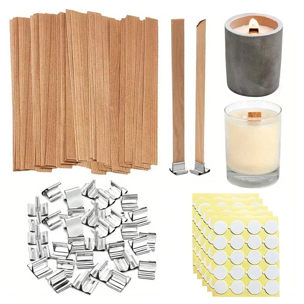 100pcs DIY Candle Making Kit Including Natural Wooden Wicks Metal Holders Glue Dots Suitable for Handmade DIY Candle Making Tool