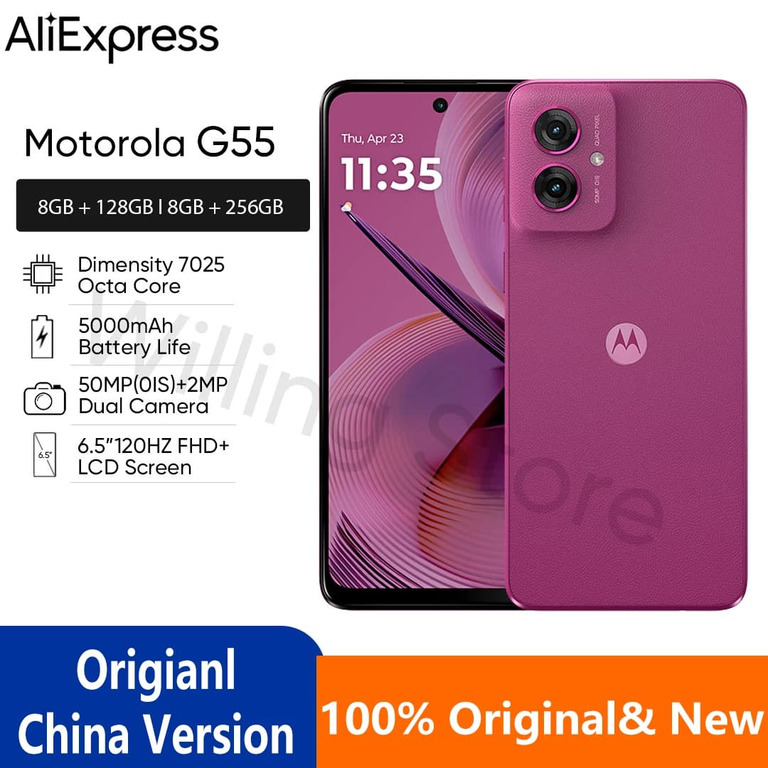 موتورولا موتو G55 5G هاتف ذكي شاشة 6.5 بوصة 120Hz FHD+ كاميرا مزدوجة 50MP OIS معالج دايمنسيتي 7025 ثماني النواة بطارية 5000mAh
