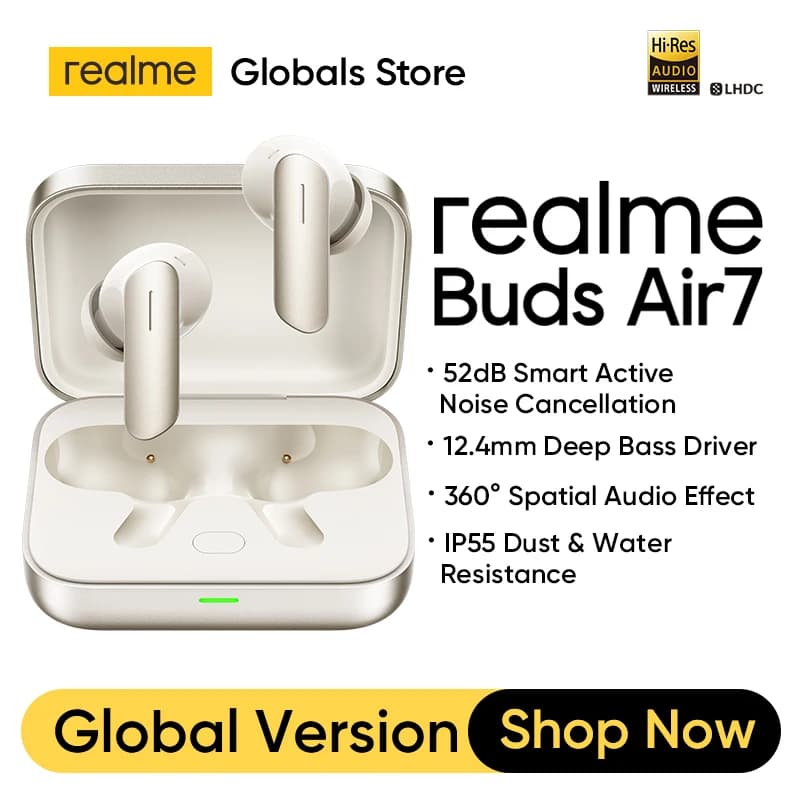 سماعات realme Buds Air7 TWS مع إلغاء ضوضاء 52dB حتى 52 ساعة تشغيل مشغل باس 12.4mm LHDC 5.0 بلوتوث 5.4 IP55
