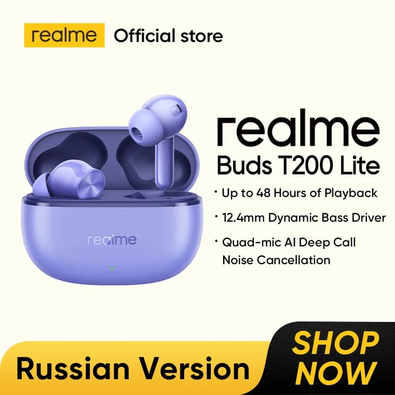 سماعات realme Buds T200 Lite TWS، مشغل باس ديناميكي 12.4 ملم، حتى 48 ساعة من التشغيل، إلغاء ضوضاء عميق بالذكاء الاصطناعي، بلوتوث 5.4