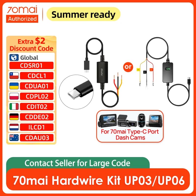 مجموعة توصيل دائم USB-C UP03/UP06 لكاميرات 70mai USB-C كابل مراقبة انتظار 24 ساعة 5V 2.4A DC12-30V Type-C