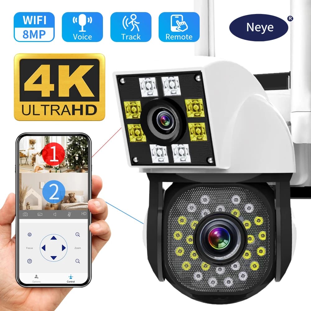 كاميرا Neye 4K/8MP واي فاي لاسلكية 1080P عدسة مزدوجة شاشة مزدوجة كاميرا IP خارجية للمنزل كاميرا مراقبة CCTV عدسة مزدوجة