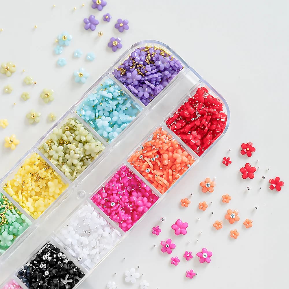 12/15Grids Acrylic Flower Nail Charms Mix Colors Set 3D Flower Nail Art Rhinestones Mixed Blossom Spring Gems DIY Nail Supplies - 5