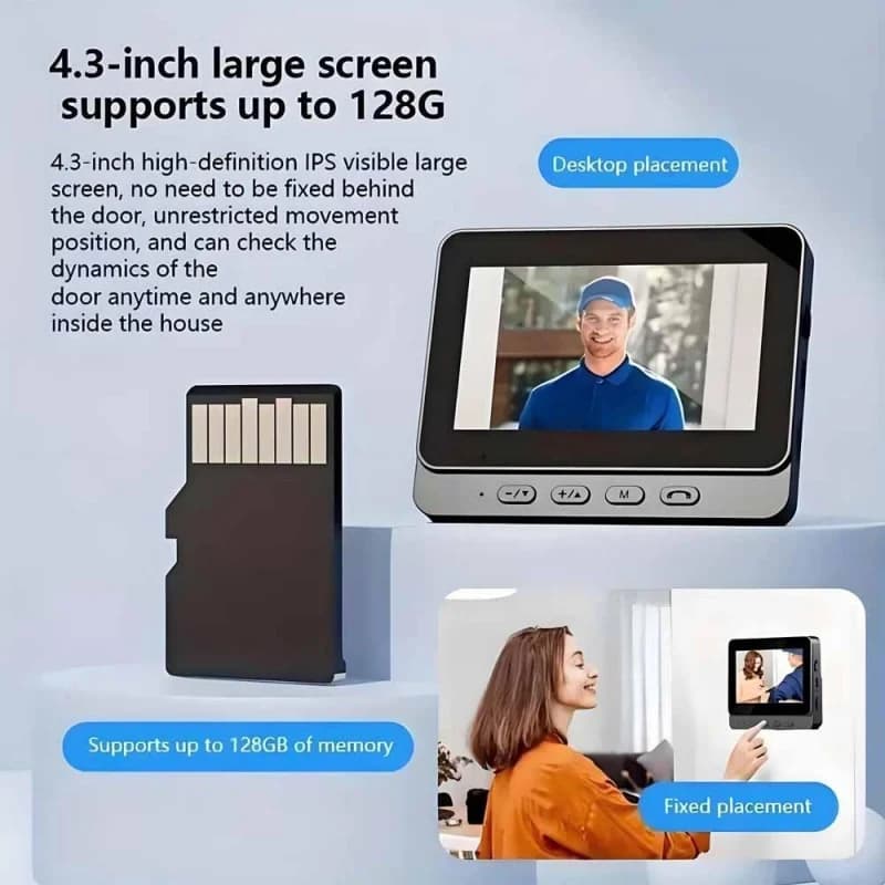 جرس باب ذكي WiFi 2.4G لاسلكي، كاميرا إنتركوم فيديو، رؤية ليلية، شاشة HD 4.3 بوصة لأمان المنزل والشقة - 5
