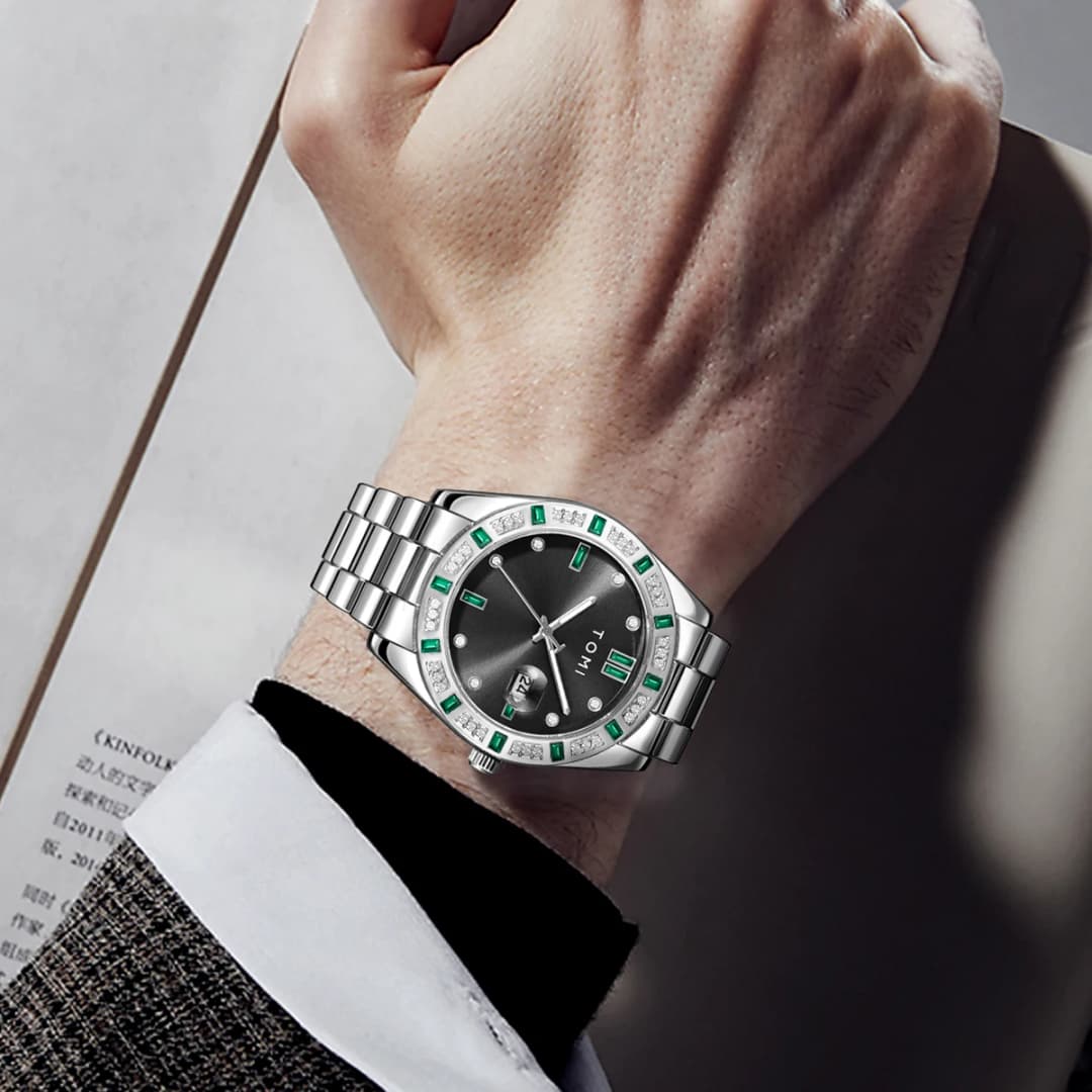 مجموعة ساعات تومي الفاخرة للرجال، 4 قطع، هدية فاخرة، علبة ساعة مرصعة بالماس، تقويم، حزام من الفولاذ المقاوم للصدأ، ساعة كوارتز - 3