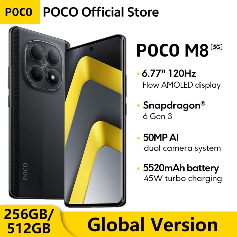 هاتف POCO M8 5G نسخة عالمية 256 جيجا بايت 512 جيجا بايت سناب دراجون® 6 الجيل 3 6.77 بوصة شاشة 120 هرتز كاميرا 50 ميجابكسل NFC بطارية 5520 مللي أمبير شحن 45 واط