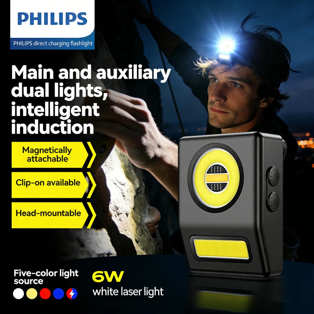 Philips SFL 5551 Dual-Light Headlamp with Magnetic And Clip Features Adjustable Five-Color Light Sources Compact And Lightweight
