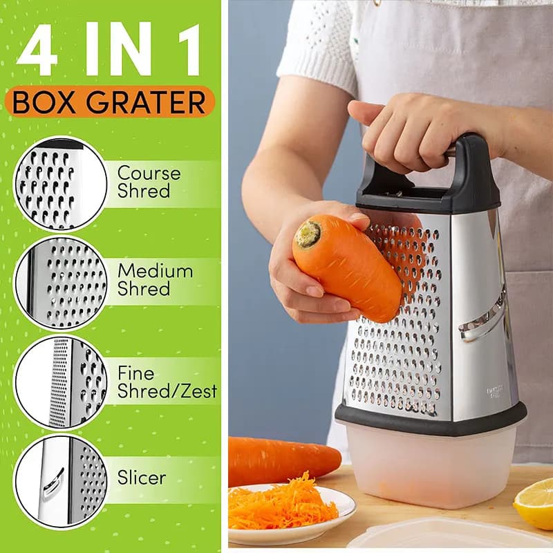 Stainless Steel Box Cheese Grater With Container 4 Sides Box Grater Handheld Kitchen Food Shredder for Vegetable Ginger Cutter - 3