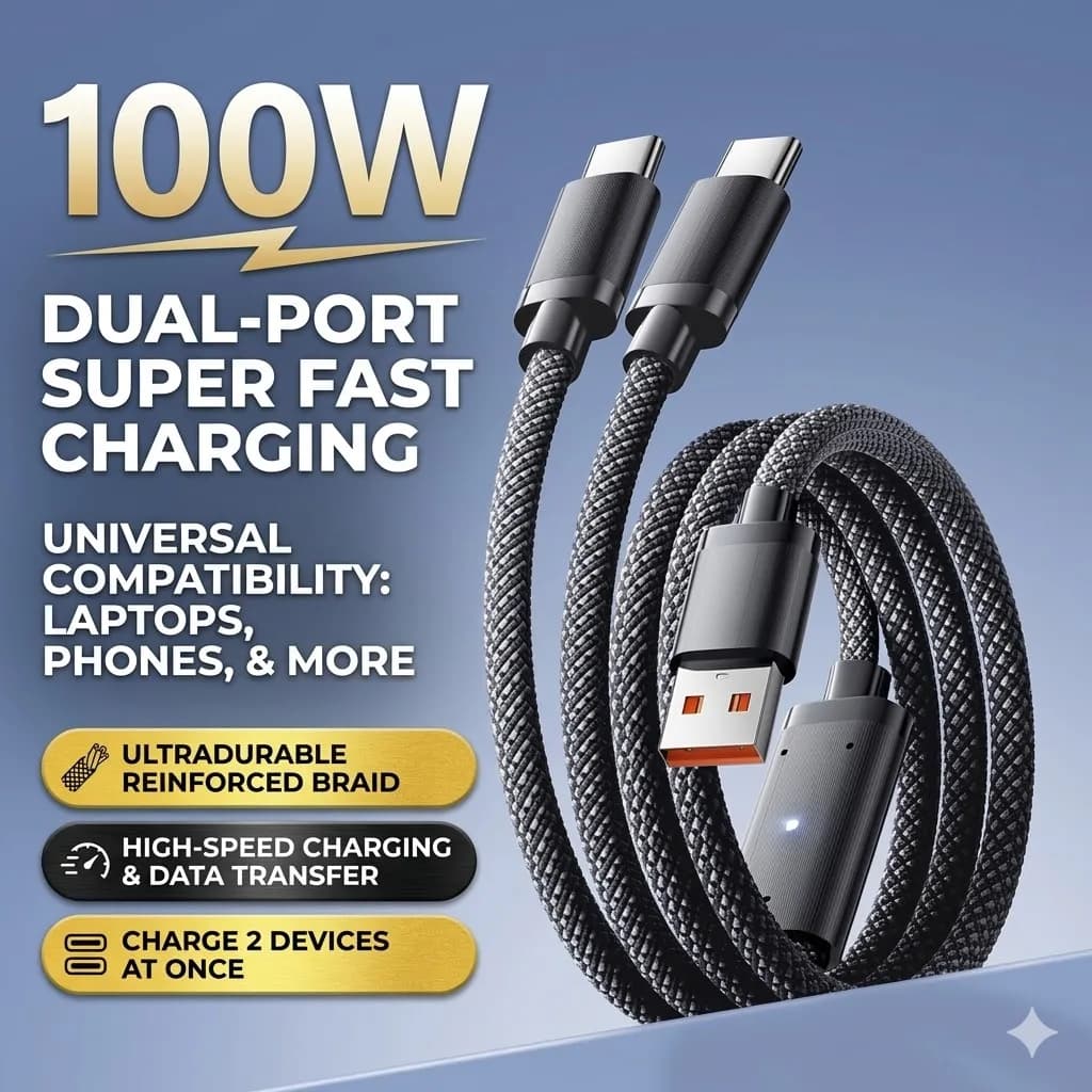 كابل ثنائي المنفذ من النوع C: كابل واحد، منفذين شحن سريع 100 وات متوافق مع Apple iPhone 16/17، أجهزة Huawei متعددة المنافذ C