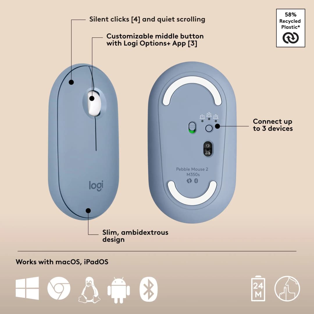 Logitech Pebble 2 Combo, Wireless Keyboard and Mouse, Quiet and Portable, Customizable, Logi Bolt, Bluetooth - 4