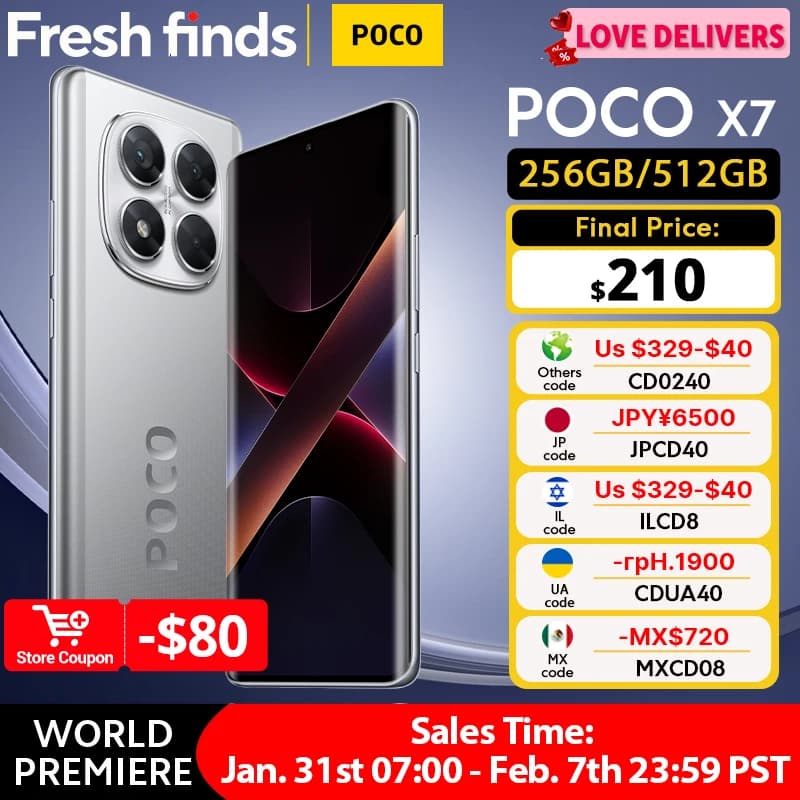 هاتف POCO X7 5G الإصدار العالمي، 256/512 جيجا، معالج Dimensity 7300-Ultra، شاشة AMOLED منحنية 6.67 بوصة، بطارية 5110 مللي أمبير، NFC، شحن 45 واط