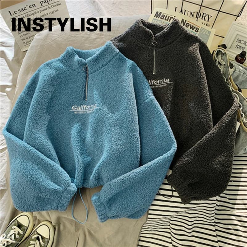 Women Stand Neck Fleece Cropped Hoodies Autumn Letter Embroidery Long Sleeve Drawstring Sweatshirt Elegant Plush Velvet Tops - 4
