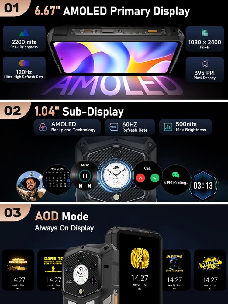 هاتف Ulefone Armor 29 Pro 5G AI متين 21200 مللي أمبير في الساعة 120 واط 64 ميجابكسل رؤية ليلية 6.67 بوصة 120 هرتز ذاكرة قراءة فقط 512 جيجابايت هاتف محمول MTK Dimensity 7400 - 4