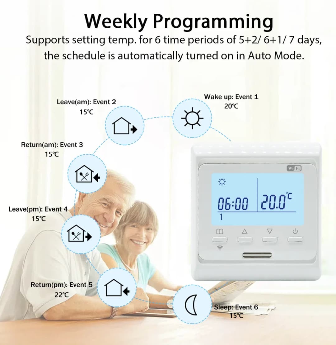 ترموستات تدفئة أرضيات ذكي 100V-240V 3A 16A مع اتصال WiFi للتحكم عن بعد في درجة الحرارة والجدولة الذكية - 3