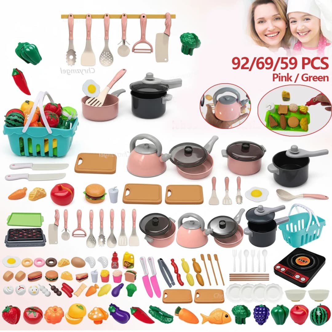 Kids Play Kitchen Toys Set Mini 92/69/59 PCS Pretend Cooking Food with Pots Pans Utensils for Toddlers Girls Boys Children Gift