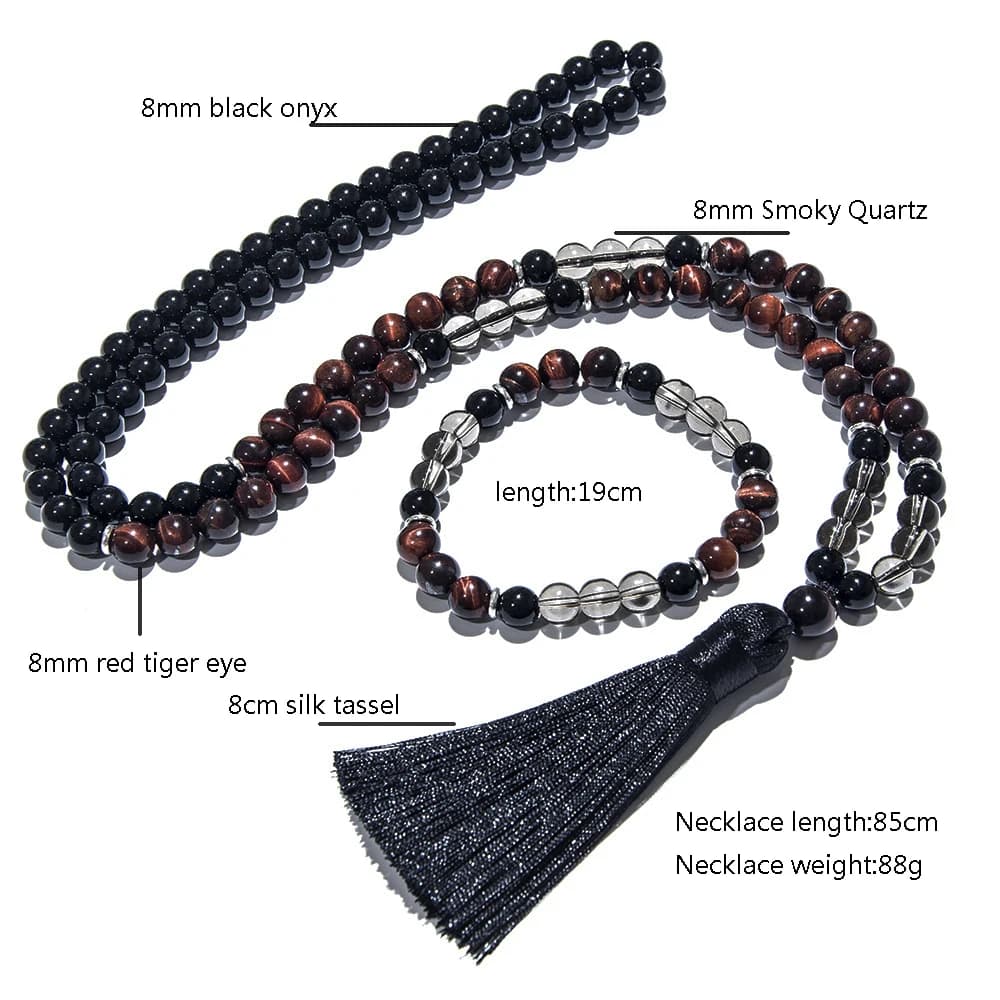 8mm Red Tiger Eye Black Onyx 108 Mala Beaded Necklace Yoga Prayer Meditation Rosary for Men and Women Japamala Jewelry Set - 2