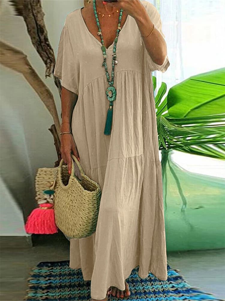 plus Size Women's Casual Loose V-Neck Solid Long Dress Spring Summer Pleated Big Size Women's Dress - 6