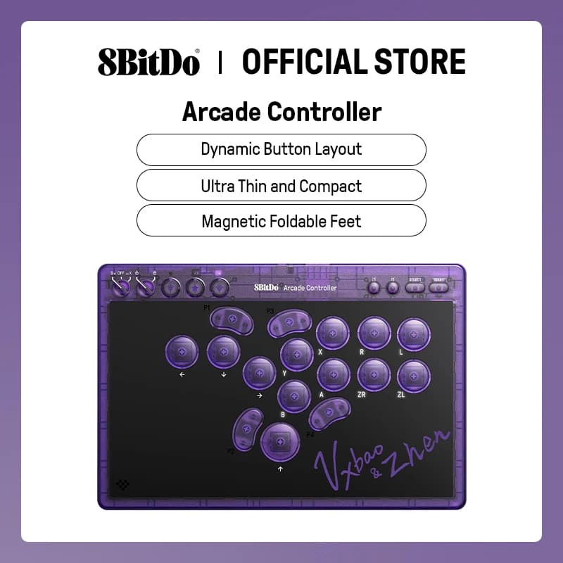 8BitDo وحدة تحكم أركيد لاسلكية بجميع الأزرار لسويتش 1/2 وويندوز، مفاتيح ميكانيكية منخفضة، 4 أزرار قابلة للبرمجة
