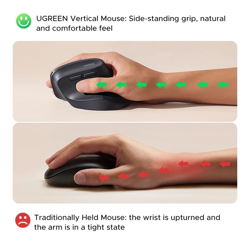 UGREEN Vertical Wireless Mouse 2.4G Ergonomic 4000DPI 6 Mute Buttons for MacBook Tablet Laptops Computer PC Mice Black Pink - 3