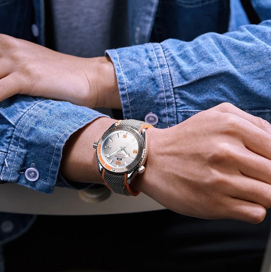 Automatic Mens Watch Mechanical Self Wind Movement Canvas Rubber Strap Orange Blue Red Luxury Fashion Watches - 6