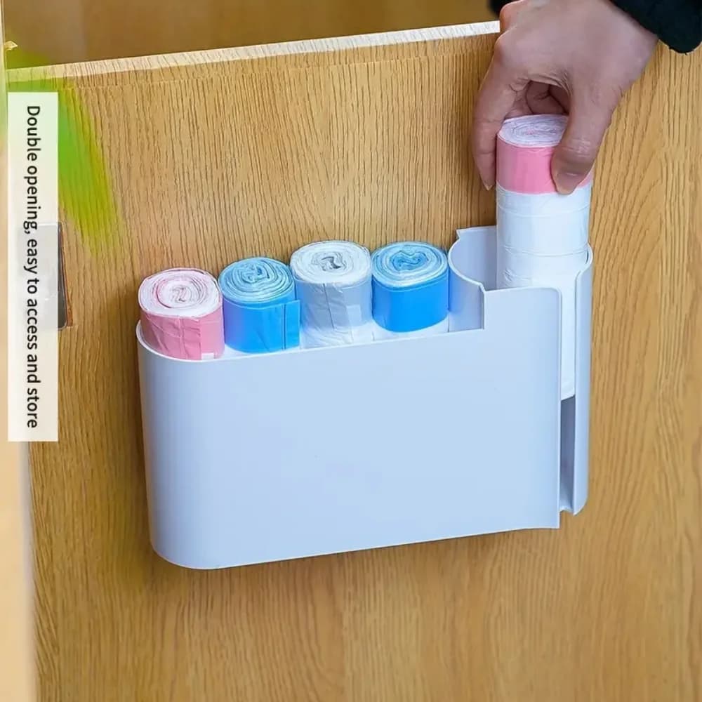 1pc Wall-Mounted Dual-Compartment Trash Bag Organizer ABS Plastic Kitchen Cabinet Door Storage Box Space-Saving for Home Office - 3