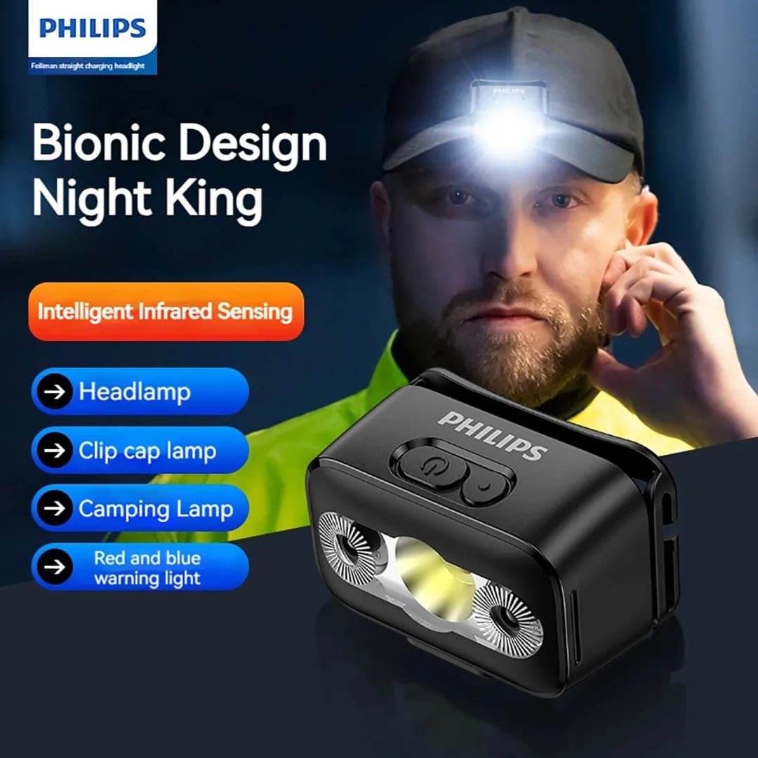 مصباح أمامي LED من PHILIPS مع مستشعر، كشاف رأس بعشرة أنواع إضاءة، قابل لإعادة الشحن عبر Type-C، مناسب للتخييم والصيد في الهواء الطلق