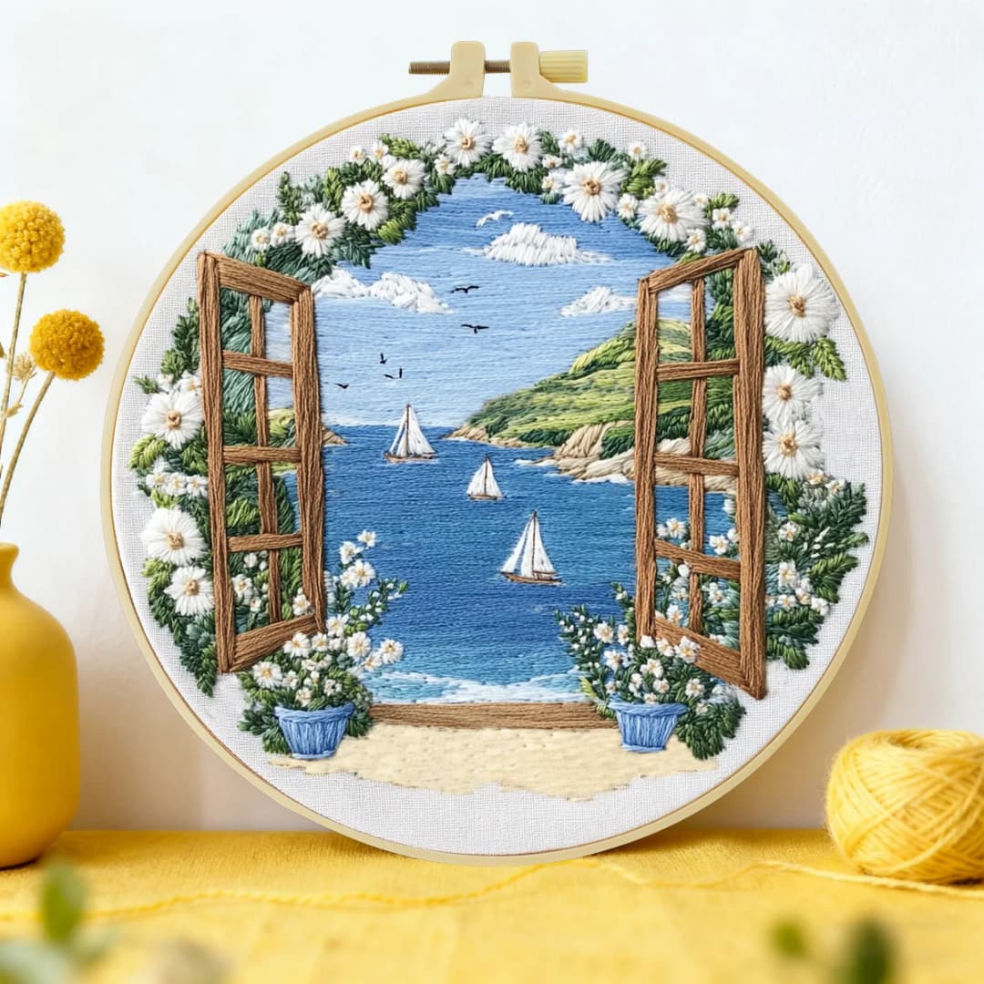 1pc 20X20CM/15X15CM 7.87/6.3inch Embroidery Starter Kit DIY kit Home Decor，Seaside view，Embroidery kit