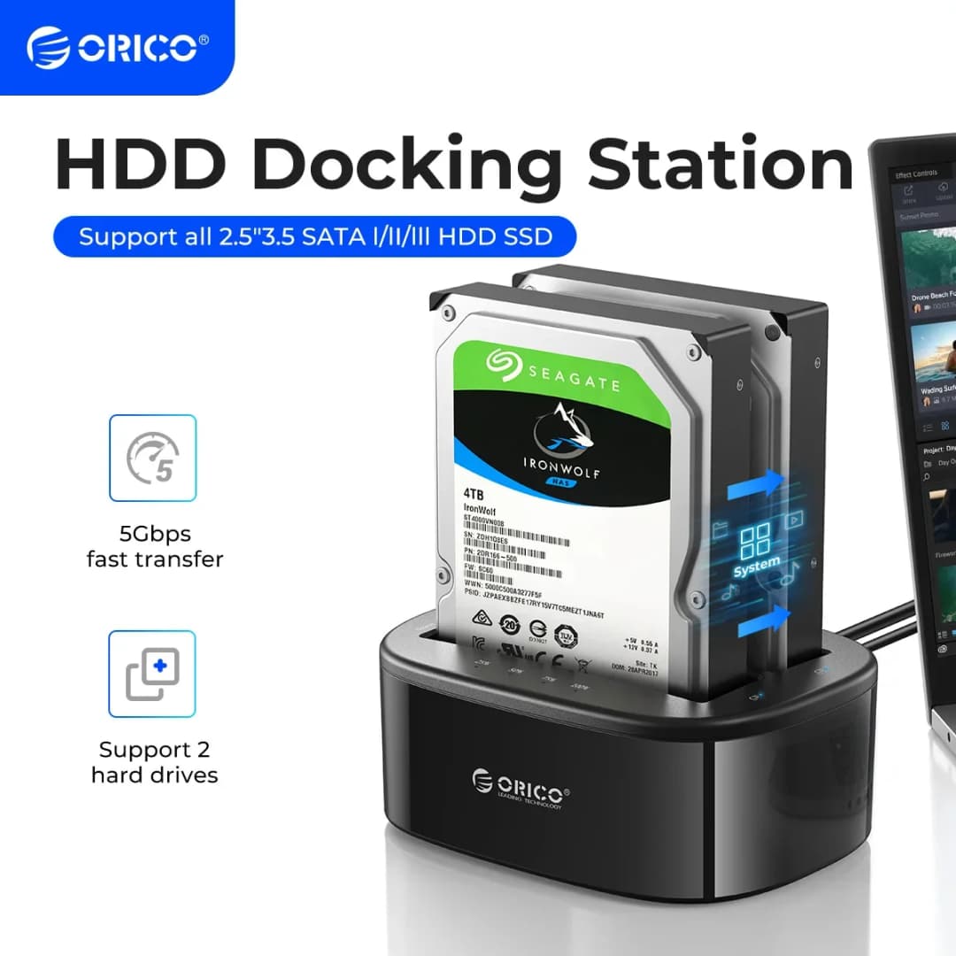 محطة إرساء القرص الصلب ORICO ثنائية الفتحات لمحركات الأقراص 2.5/3.5 بوصة HDD SSD SATA إلى USB 3.0 مع محول طاقة 12V3A