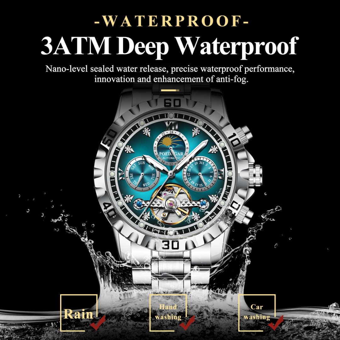 POEDAGAR Military Luxury Men Clock Mechanical Waterproof Man Watch Hollow Tourbillon Automatic Stainless Steel Men's Watches+Box - 2